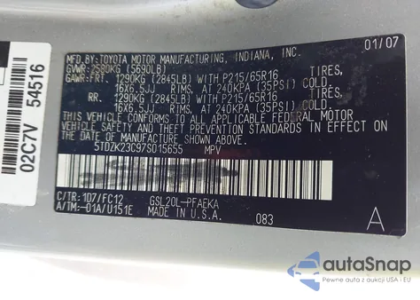 2007 Toyota Sienna Le из США, поврежденный, VIN 5TDZK23C97S015655